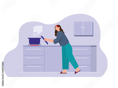 Woman is cooking in the kitchen. Home activity vector illustration.