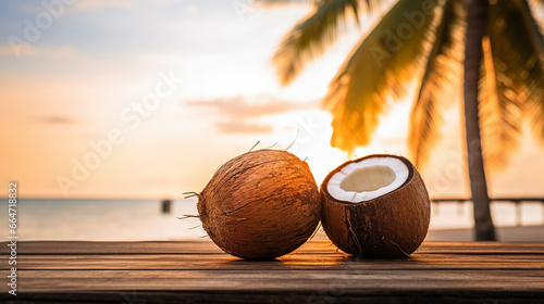 Coconut fruit on a wooden table with a South Pacific sunset in the background