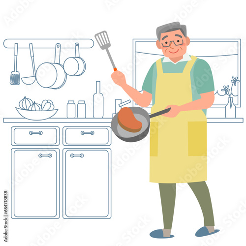 キッチンで料理をする笑顔のシニア男性