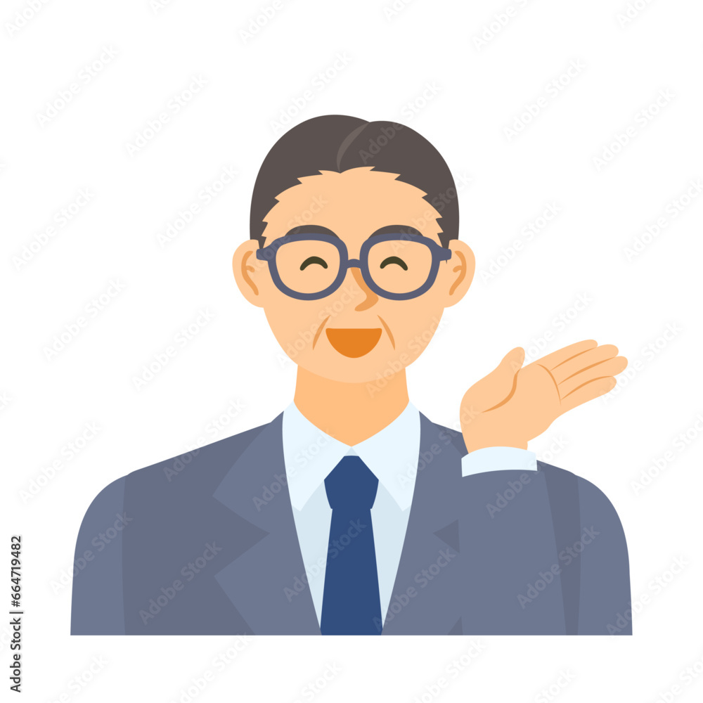 案内する中年男性会社員。フラットなベクターイラスト。 A middle-aged male office worker guiding. Flat designed vector illustration.