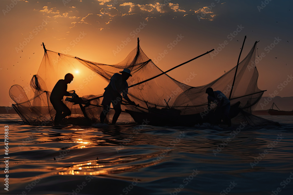 The fishermen pull the fish out of the nets. Industrial fishing
