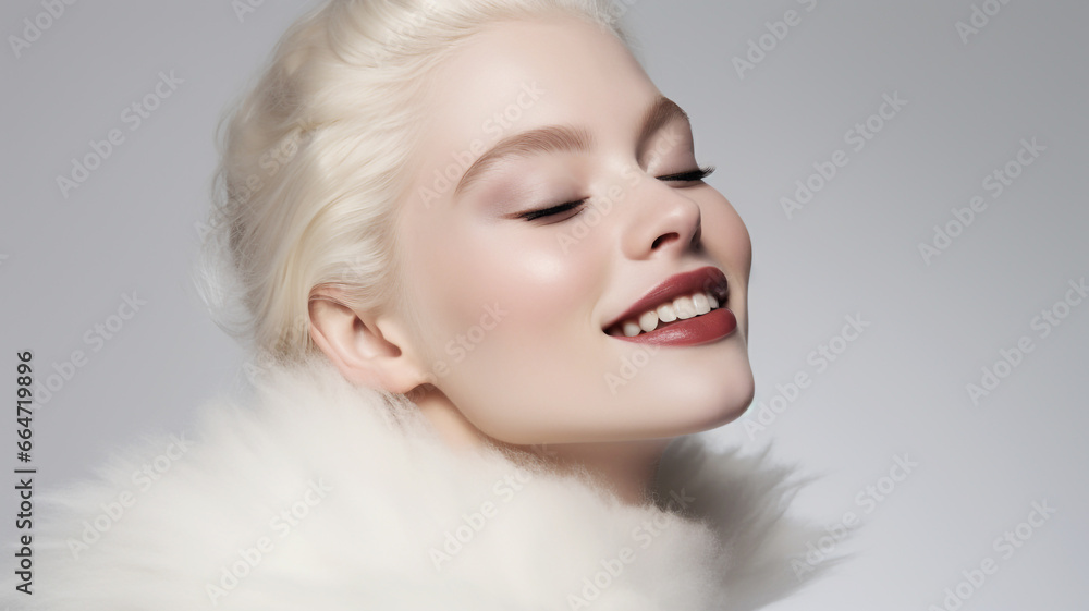 Beautiful blonde woman on a gray colored background