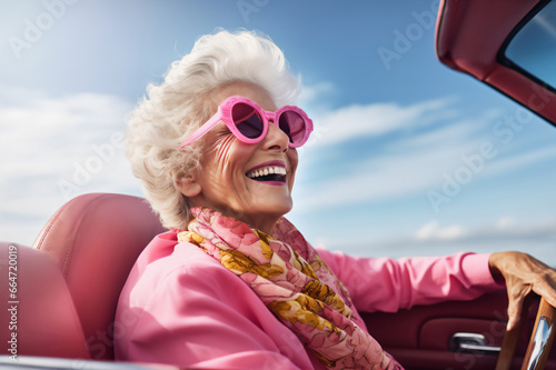 Happy old woman lady enjoying summer road trip, adventure in luxury convertible car, happy old age, lifestyle of wealth and freedom,spring/winter road trip