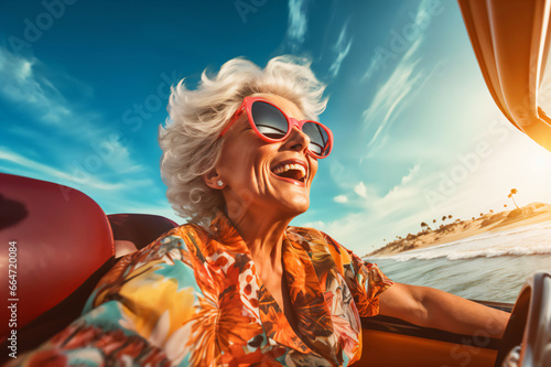 Happy old woman lady enjoying summer road trip, adventure in luxury convertible car, happy old age, lifestyle of wealth and freedom