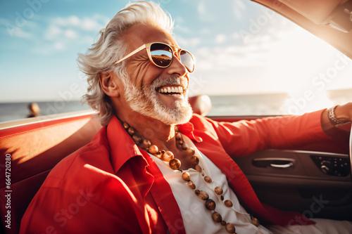 Happy bearded old man enjoying summer road trip, adventure in luxury convertible car, happy old age, lifestyle of wealth and freedom,spring/winter road trip
