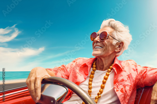 Happy old man enjoying summer road trip, adventure in luxury convertible car, happy old age, lifestyle of wealth and freedom © LeoOrigami