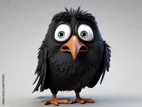 A 3D Cartoon Crow Sad and Surprised on a Solid Background