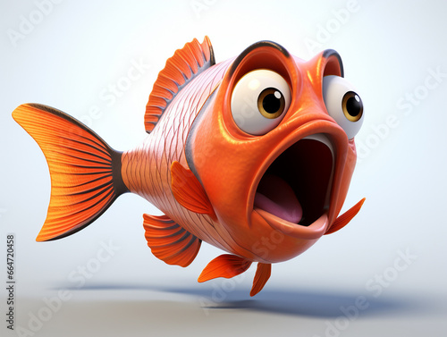 A 3D Cartoon Fish Sad and Surprised on a Solid Background