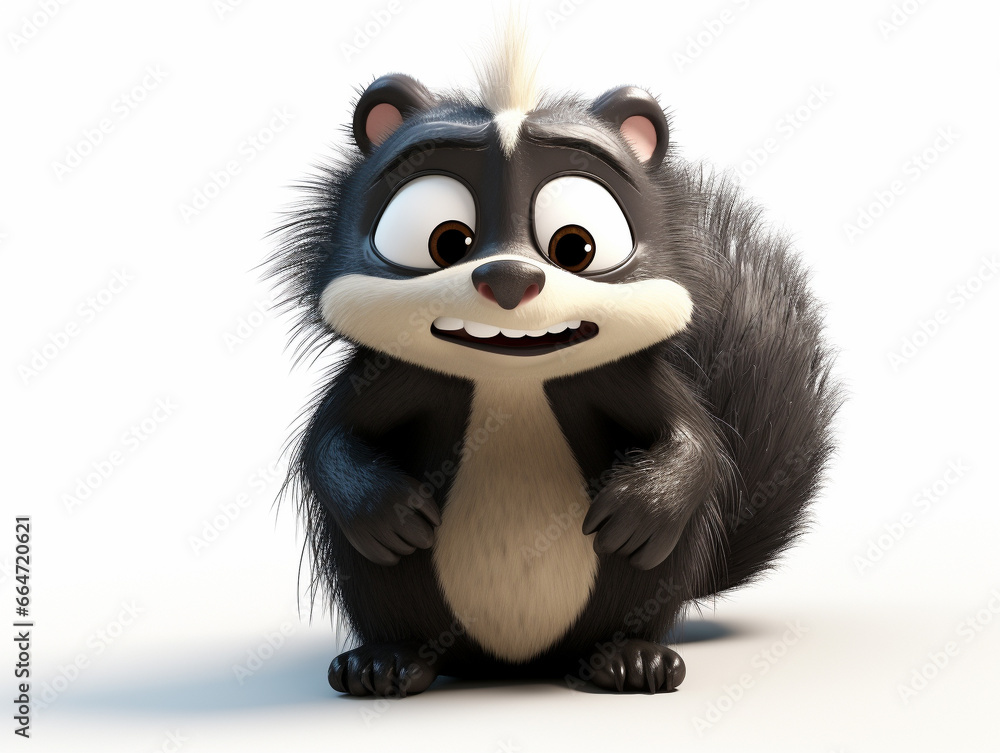 A 3D Cartoon Skunk Sad and Surprised on a Solid Background