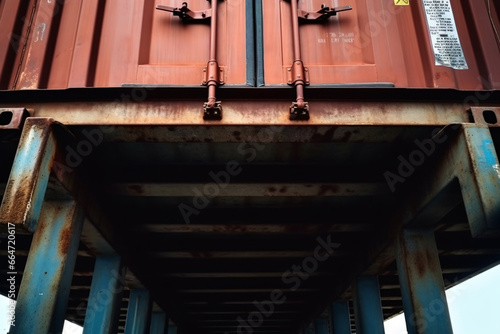 Close-up view of the container truck on the road. Cargo freight transportation. Cargo container on the road. Cargo freight transportation. Industrial background