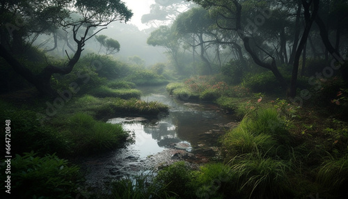 Tranquil scene: foggy forest, flowing water, green meadow, mysterious mountain generated by AI © djvstock