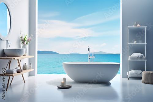 minimalist luxury bathroom with ocean theme  large bathtub  futuristic basin and shower  white towels  cosmetic racks and large mirror  two chair and little table with flower  hyper realistic 