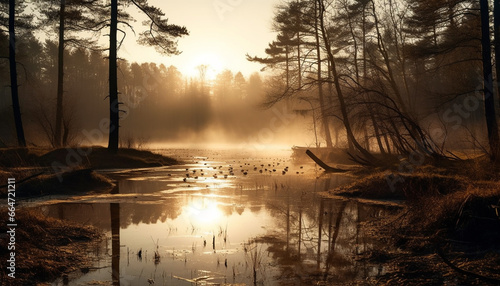 Tranquil scene: sunset reflects on water, nature beauty in autumn generated by AI