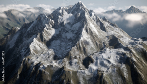 Majestic mountain peak, snow covered, panoramic beauty in nature, high up generated by AI