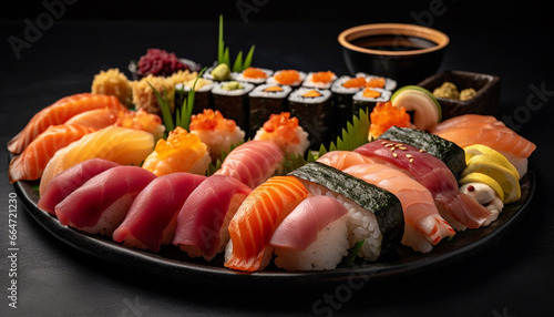 Freshness on plate: seafood, nigiri, sashimi, maki sushi, healthy eating generated by AI