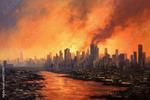 Realistic depiction of Mumbai's skyline with buildings on fire. Generative AI