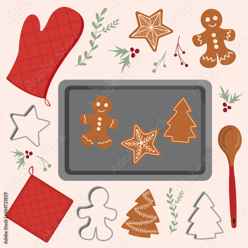 Christmas baking illustration set. Holiday vector elements including gingerbread biscuits, cookie cutters, baking tray, oven mitts and spoon.