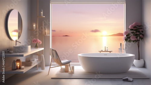 minimalist luxury bathroom with sunset sunrise theme  large bathtub  futuristic basin and shower  white towels  cosmetic racks and large mirror  two chair and little table with flower.