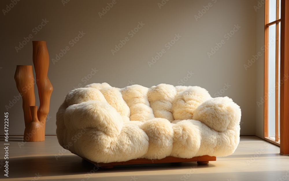An empty minimalistic room with white fluffy boucle sofa An empty minimalistic room with white fluffy boucle sofa