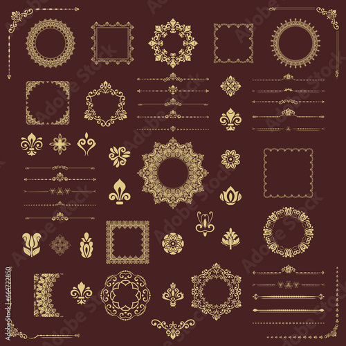 Vintage set of golden horizontal, square and round elements. Different elements for backgrounds, frames and monograms. Set of golden classic vintage patterns.