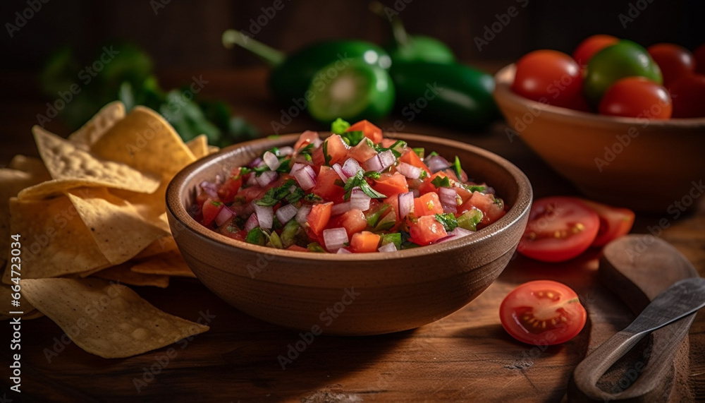 Freshness on a wooden table, a healthy snack of homemade guacamole generated by AI Freshness on a wooden table, a healthy snack of homemade guacamole generated by AI