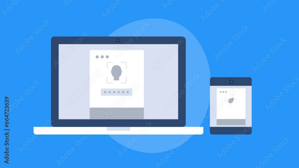 Cyber security concept, face ID scan, facial recognition to unlock digital device, identity detection with security app, video animation concept. Cyber security concept, face ID scan, facial recognition to unlock digital device, identity detection with security app, video animation concept.