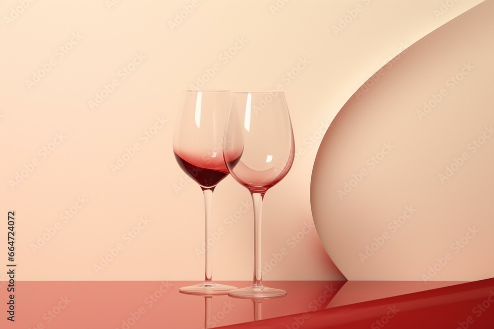 3D rendered red wine champagne glasses on a beige background. Generative AI