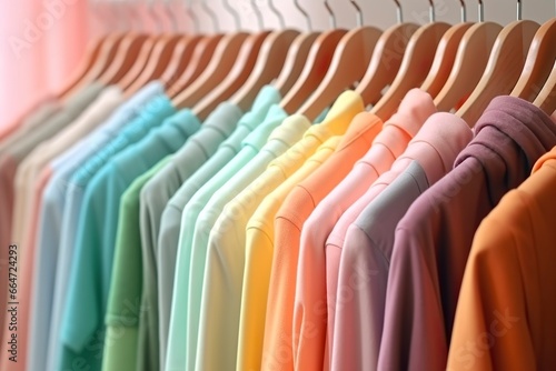Colorful clothes on a clothing rack, pastel colorful closet in a shopping store or bedroom, rainbow color clothes choice on hangers, home wardrobe concept image.