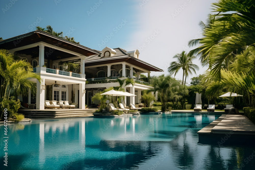 A magnificent villa with a grand pool surrounded by lush tropical greenery. Showcase a luxurious outdoor living area, palm trees, and a clear blue sky.