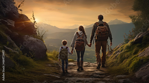 Family on a hike in the mountains. Together to new adventures © cherezoff