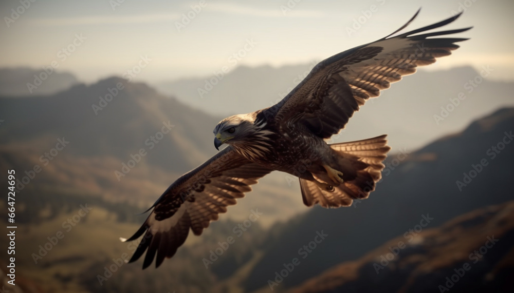 Fototapeta premium Majestic hawk soars in mid air, spreading wings against mountain sunset generated by AI