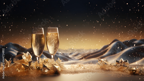 champaign glasses holiday gold snowflakes sparkling night with mountains in the background, elegant and luxurious style, new year