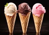 Chocolate, vanilla and strawberry Ice cream in the cone on black background. AI Generated