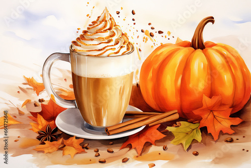 A cup of coffee, watercolor pumpkin, and autumn leaves on an isolated white background. Spicy cream coffee latte illustration art.