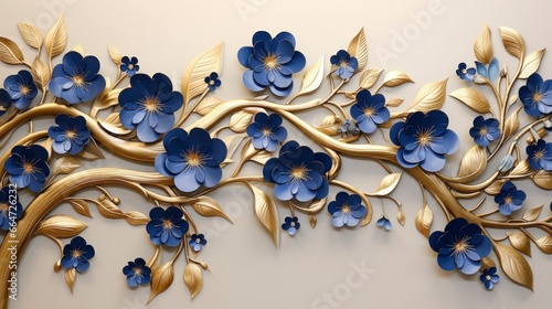 Elegant gold and royal blue floral tree with leaves and flowers hanging branches illustration background. #664726232