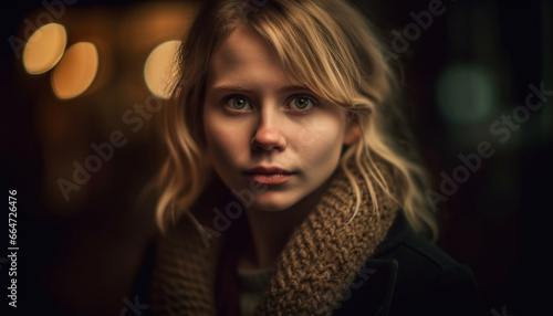 Young woman with blond hair looking at camera, smiling and happy generated by AI © djvstock