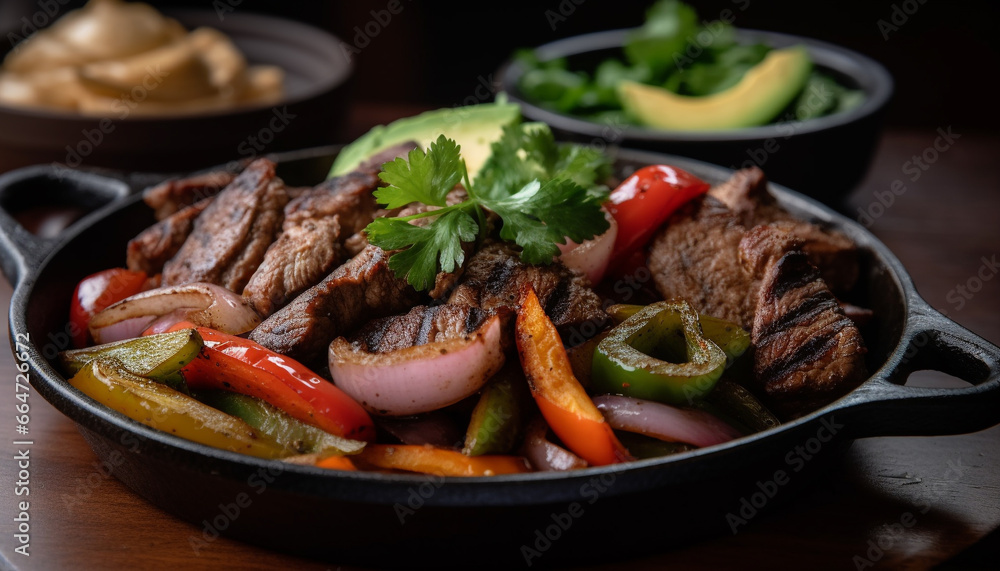 Grilled meat and vegetables on a rustic wooden plate generated by AI Grilled meat and vegetables on a rustic wooden plate generated by AI