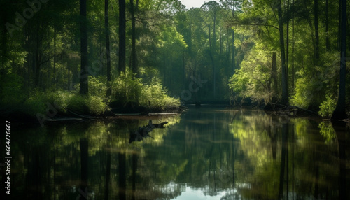Tranquil scene  nature beauty reflected in a serene forest pond generated by AI
