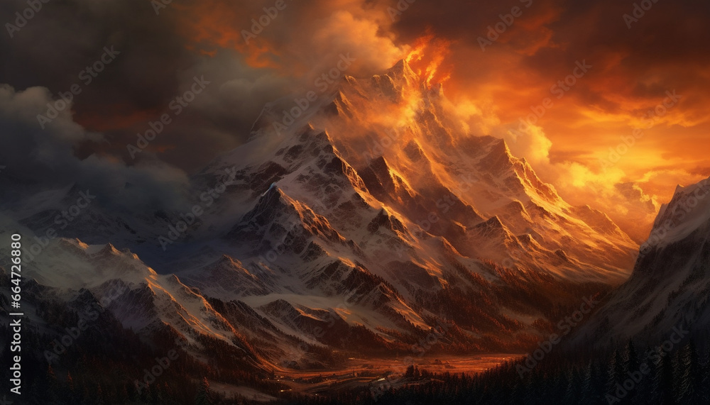 Majestic mountain peak, snow capped, sunset paints nature panoramic beauty generated by AI