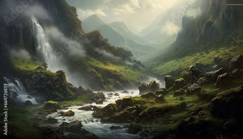 Majestic mountain peak, foggy cliff, flowing water, green forest generated by AI