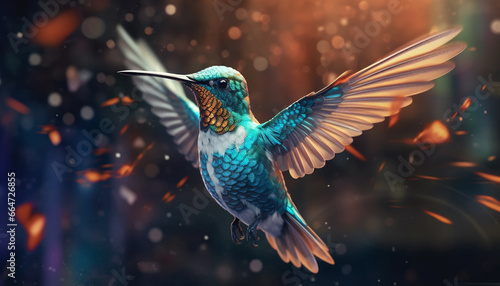 Hummingbird perching on branch, vibrant colors illuminate natural beauty generated by AI