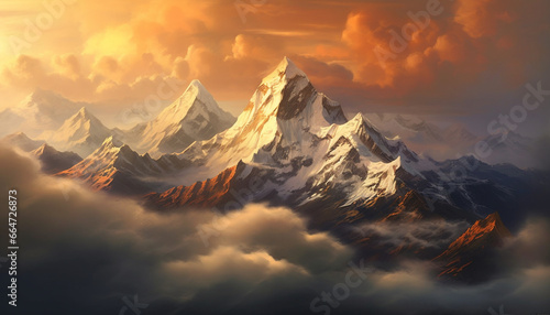Majestic mountain peak, snow capped, sunset paints dramatic sky generated by AI
