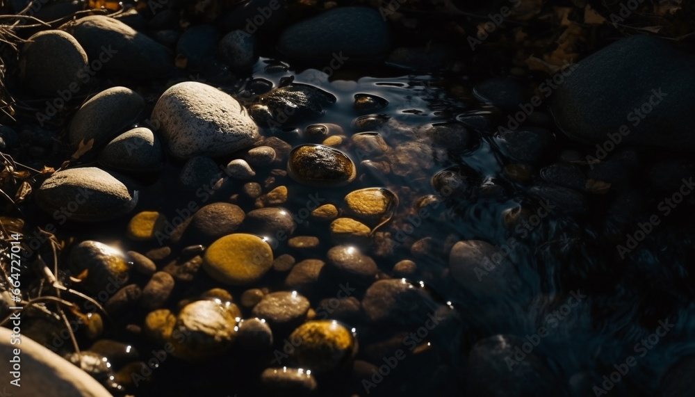 Tranquil scene, smooth waters edge, reflecting the beauty in nature generated by AI Tranquil scene, smooth waters edge, reflecting the beauty in nature generated by AI