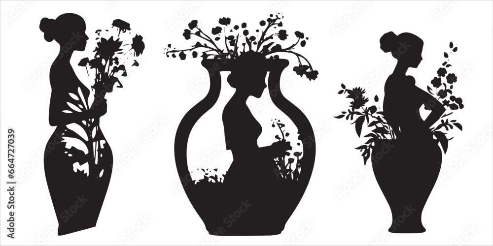 Girl With a plant Vase silhouette vector illustration Girl With a plant Vase silhouette vector illustration