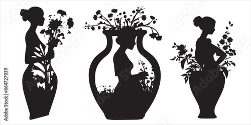 Girl  With  a plant Vase silhouette vector illustration photo