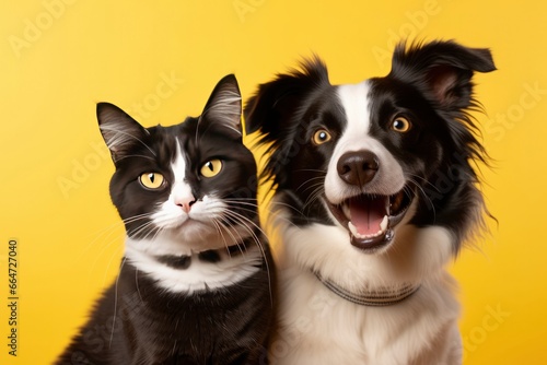  Cat and dog together with happy expressions on yellow background.