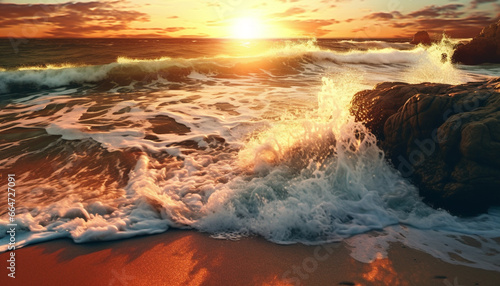 Nature beauty in a tranquil scene  sunset, water, sand, surf generated by AI © djvstock