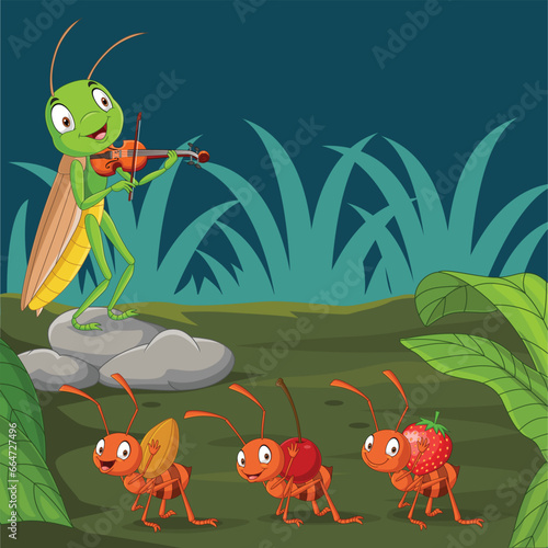 Cartoon ant and grasshopper in the garden