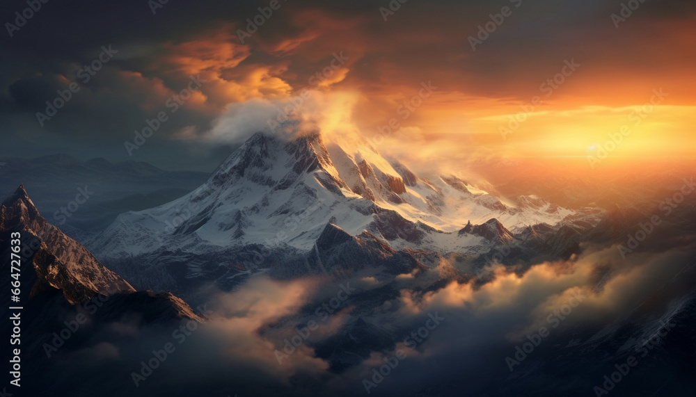 Majestic mountain peak, snow capped, sunset paints dramatic sky generated by AI