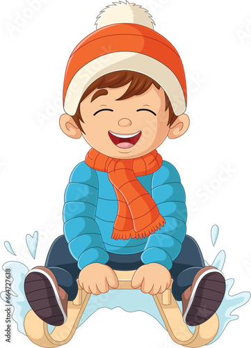 Cartoon little boy sledding down a hill